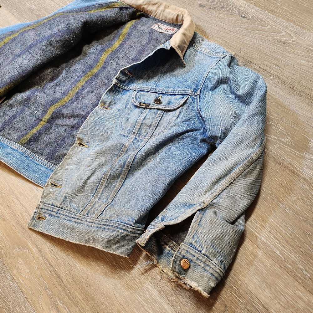 Vintage 70s Storm Rider Heavy Liner Lee Denim Jacket with Beige Collar Boxy Fit - Picture 3 of 12